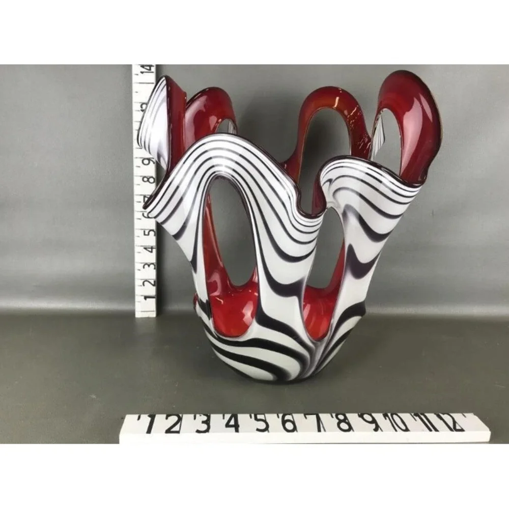 VTG Large Zebra Stripe Handkerchief Vase Red White Black 10